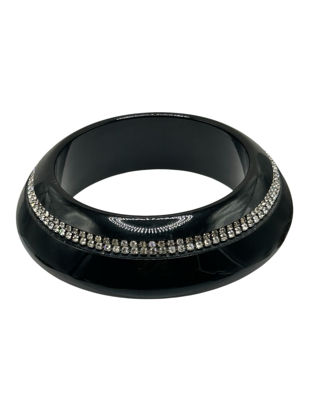 Vintage Black Lucite Rhinestone Huge Saucer Bangle Bracelet